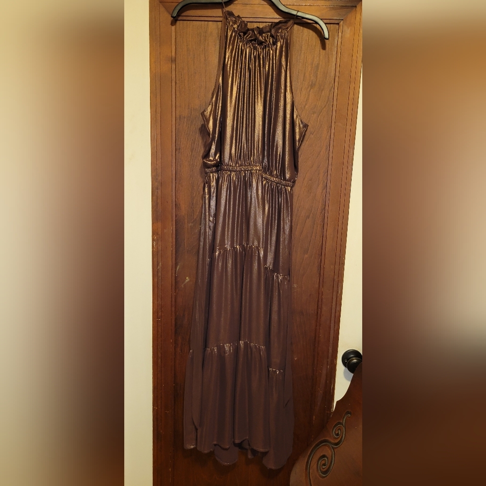 Women’s Halter Tiered metalic bronze  Shimmering maxi Dress